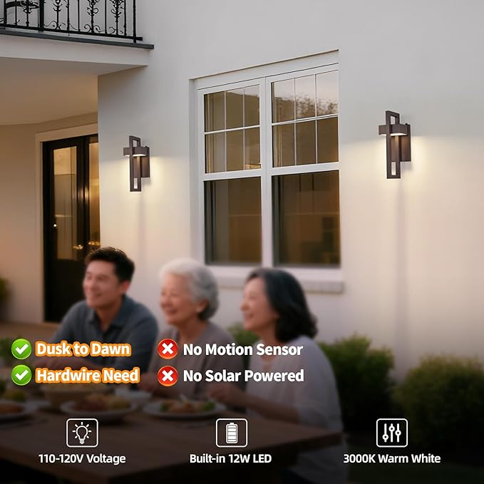 tewei LED Outdoor Wall Sconce Dusk to Dawn Outdoor Lighting, Modern Exterior Lighting Fixtures, Brown LED Front Porch Lights Outside Wall Mount Lights for House, Hallway, Warm White 3000K, 2 Pack