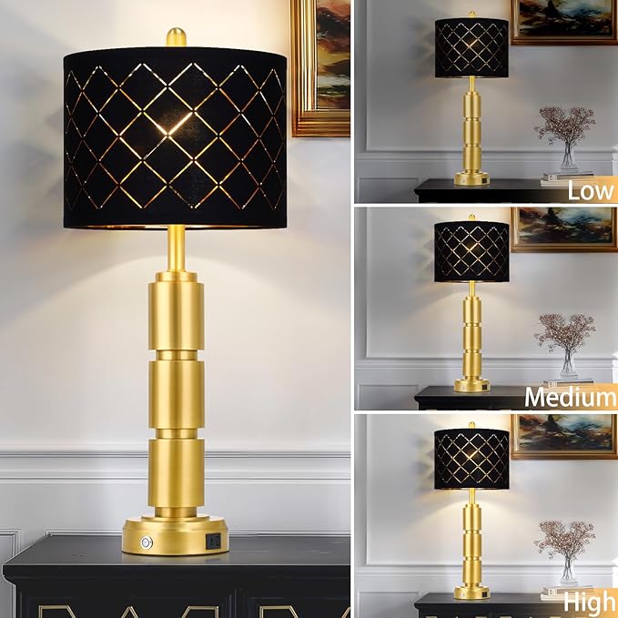 Set of 2 Modern Table Lamps for Living Room Bedroom,29" Tall Bedside Lamp with 2 USB Port,Gold Metal Touch Nightstand Lamp with Black Grid Shade for End Table Entryway,Gold