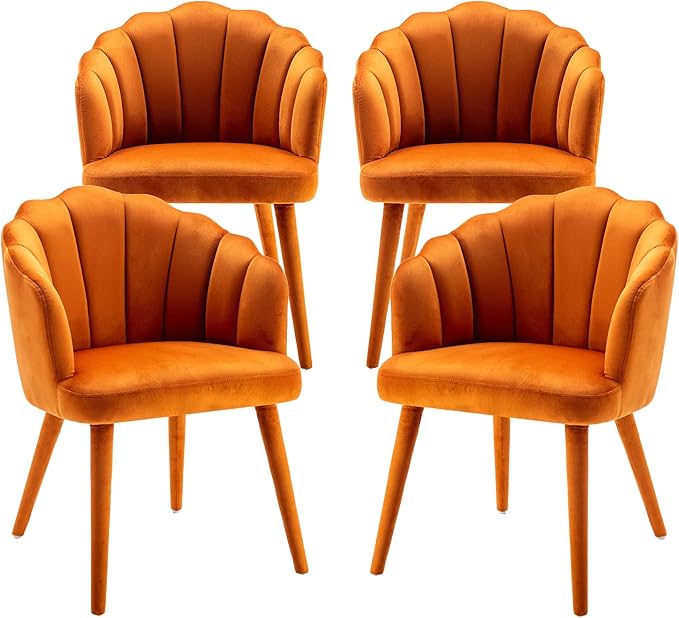 Velvet Dining Chairs Set of 4 Modern Living Room Chairs with Petal Back & Wood Legs Comfy Upholstered Side Chair for Dining Room/Bedroom/Vanity, Orange