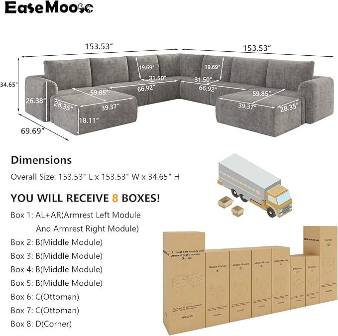 EASE MOOSE Oversized Sectional Cloud Couch, 9-Seat Modular Boneless Sofa Set with Deep Seat, No-Assembly Chenille Sofa for Living Room, Light Grey