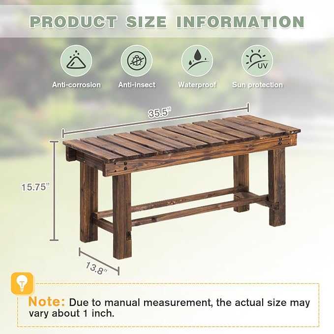Outdoor Garden Bench, 2-Person Wood Patio Bench Weatherproof Outdoor Backless Bench, Anti-Corrosion and Anti-Rust Garden Benches for Garden Lawn Porch Park Backyard (Natural,35.5''/90cm)