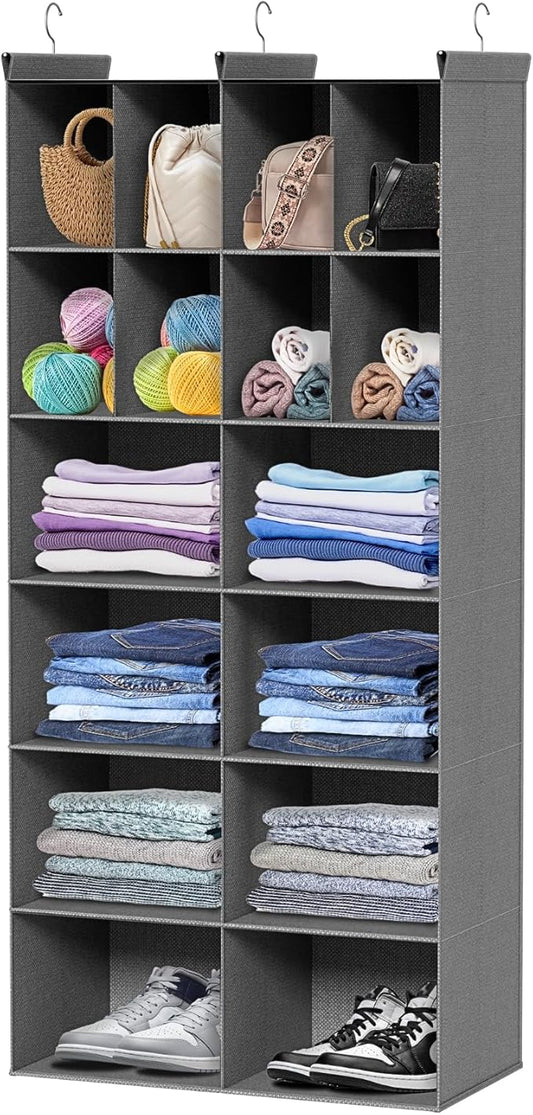 6 Tier Hanging Closet Organizer, 16 Compartments Sweater Organizer for Closet with 3 Sturdy Hooks, Closet Organizers and Storage, Wardrobe, Rv, Garment Rack, Grey