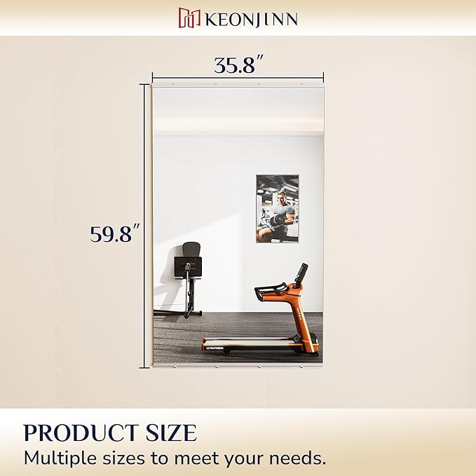 Keonjinn Home Gym Mirror, 60" x 36" Workout Mirrors for Home Gym, Frameless Tempered Glass, Full Body Wall Mirrors for Fitness Exercise, Yoga Room, Dance Studio, Garage