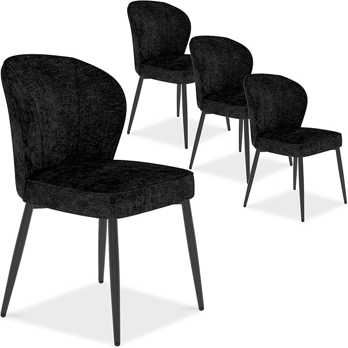 Dining Chairs Set of 4, Modern Fabric Dining Room Chairs with Curved Backrest Well-Padded Seat, Upholstered Kitchen Chairs for Living Dining Room, Black