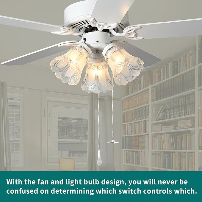 42 Inch Indoor Ceiling Fan with Pull-Chain and Three LED Light Bulbs Base, Traditional 3-Speeds Reversible Blades Ceiling Fan (White)