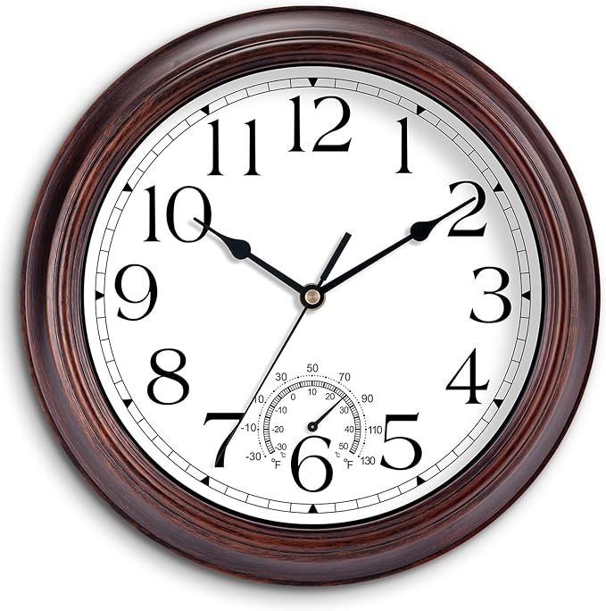 14 Inch Outdoor Wall Clock with Thermometers, Vintage Silent Wall Clocks Battery Operated, Retro Non-Ticking Clock Decorative for Living Room, Patio, Kitchen, Office, Bathroom, Bedroom(Bronze)