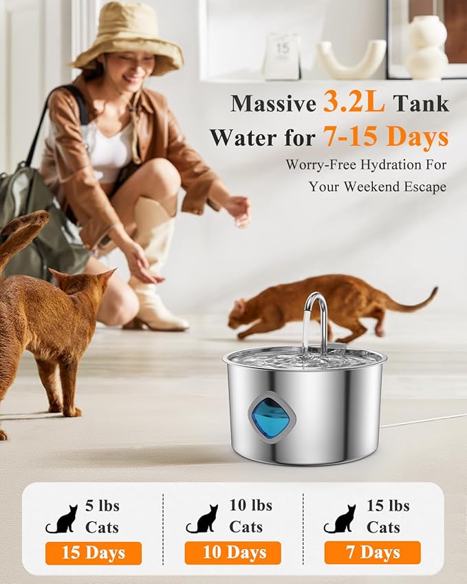 Cat Water Fountain Stainless Steel [3.2L/108oz] Large Capacity Automatic Water Dispenser for Cats Indoor with 3 Filters Kit, LED Water Level Window, Easy to Clean, Ideal for Cats Dogs Multi-Pet Home
