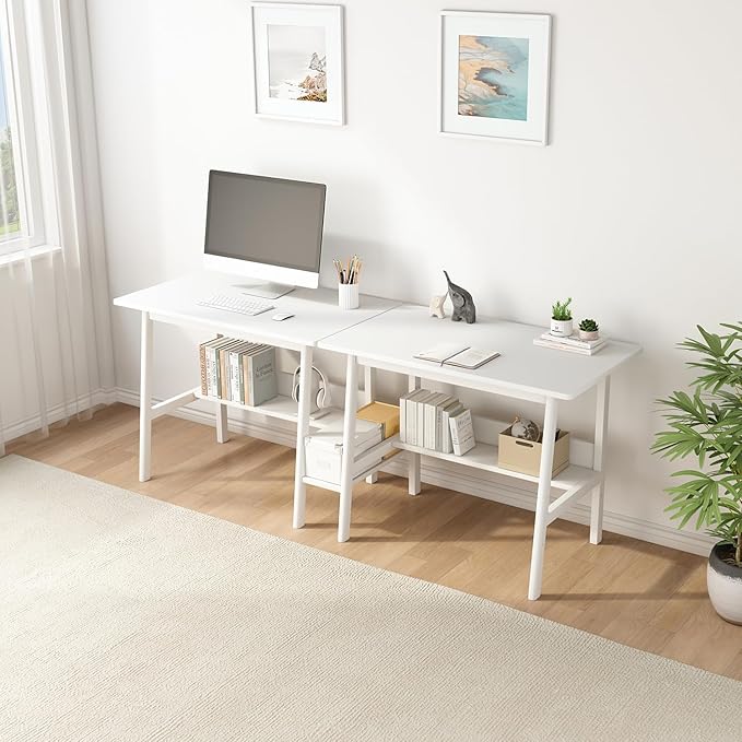 2-Person Writing Desk with Bookshelf - 94" Wooden Extra Long Home Office Work Table, Double Study Computer Workstation with Storage Shelves in White, 94" W x 24" D