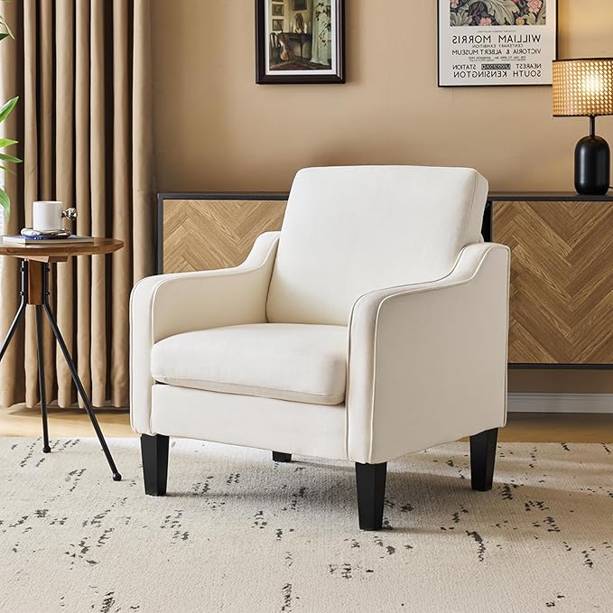 VINGLI Beige Accent Chairs for Living Room, Line Comfy Upholstered Chair Mid Century Modern Armchair for Bedroom, Home Office, Small Spaces, Apartment