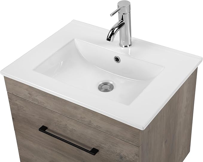 Goujxcy 24" Wall Mounted Bathroom Vanity with Sink, Modern Floating Bathroom Cabinet with Ceramic Sink & Double Drawers, Wood Hanging Bath Room Cabinet with Soft-Close System (Grey)