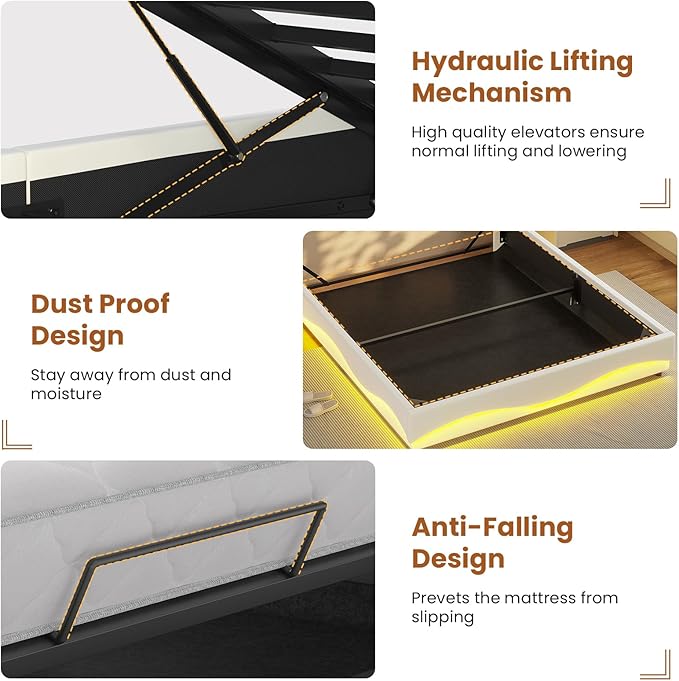 ADORNEVE Lift Up Storage Twin Bed Frame with LED Lights, Hidden Storage Headboard and Charging Station, Upholstered Platform Bed, LED Bed with Hydraulic, No Box Spring Needed, Creamy White