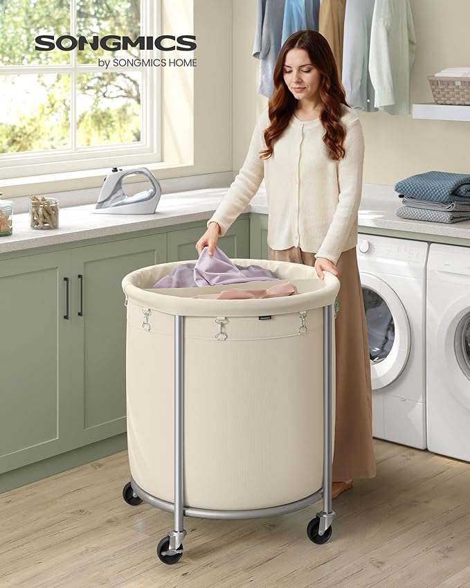 SONGMICS 63.5-Gallon (240 L) Laundry Basket with Wheels, Rolling Round Heavy-Duty Laundry Hamper Cart with Steel Frame and Removable Bag, 2 Locking Wheels, Cream White and Metallic Silver URLS012W01
