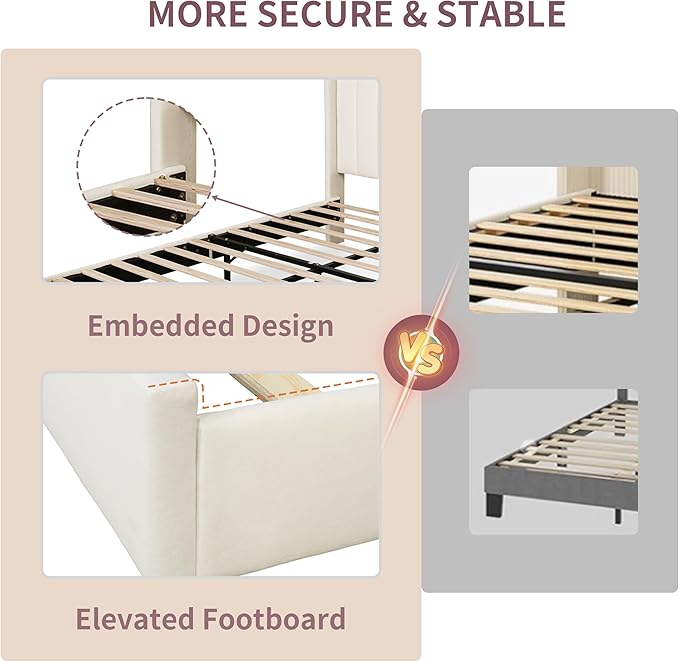 Full Size Upholstered Platform Bed Frame with Modern Wingback & Vertical Panel Headboard, Velvet Fabric, Wooden Legs & Slats Support, No Box Spring Needed, Noise-Free & Easy Assembly, Cream