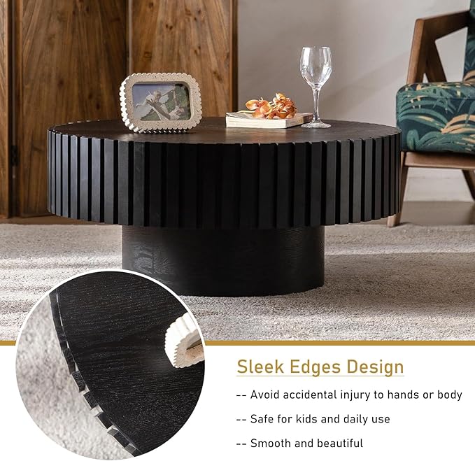 Round Drum Coffee Table 31.5" Wooden Coffee Tables Handcrafted Fluted Drum Coffee Table Modern Luxury Circle Center Table Vintage Farmhouse Center Table for Living Room (Round Black)