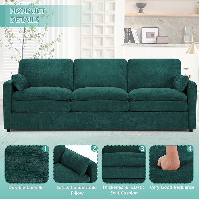 89” Chenille Sofa w/Arm Pillows, Upholstered 3-Seater Sofa w/Comfortable Back Cushions, Modern 3 Seats Couch w/High-Density Foam for Living Room, Apartment, Office, Teal