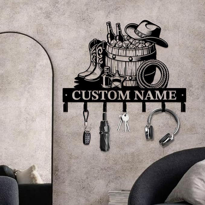 Custom Western Cowboy Metal Iron Key Hooks,Personalized Name & Text Engraving,Decor Wall Keys Holder for Home Entryway (Style J)