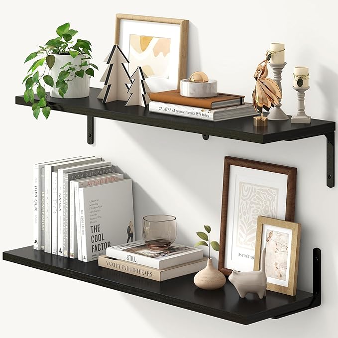 Fun Memories Deep Floating Shelves, 32W x 8D Floating Shelves Set of 2, Wall Mounted Shelf with Metal Brackets, Rustic Wood Wall Shelf for Bathroom, Kitchen and Living Room, Black