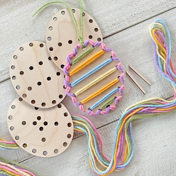 Easter Egg Ornaments for Tree 1x Pre-Cut Wooden Craft, 6X Yarn Colors 2X Needles, Craft kit for Hanging, Easter Gifts Christian Ornaments, Catholic Decor, He is Risen (1, Egg)