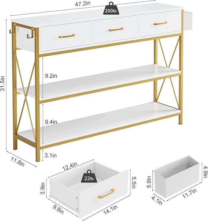 HITHOS 47.2" Console Table with 3 Drawers, Narrow Long Entryway Table with 3-Tier Storage Shelves, Industrial Sofa Foyer Table for Living Room, Hallway, Entry Way, Foyer, Kitchen, White/Gold