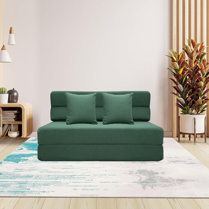 ANONER Fold Out Couch Bed Memory Foam Sleeper Chair with 2 Pillows, Queen Size Futon Couch Guest Convertible Chair Bed, Washable Cover, Dark Green