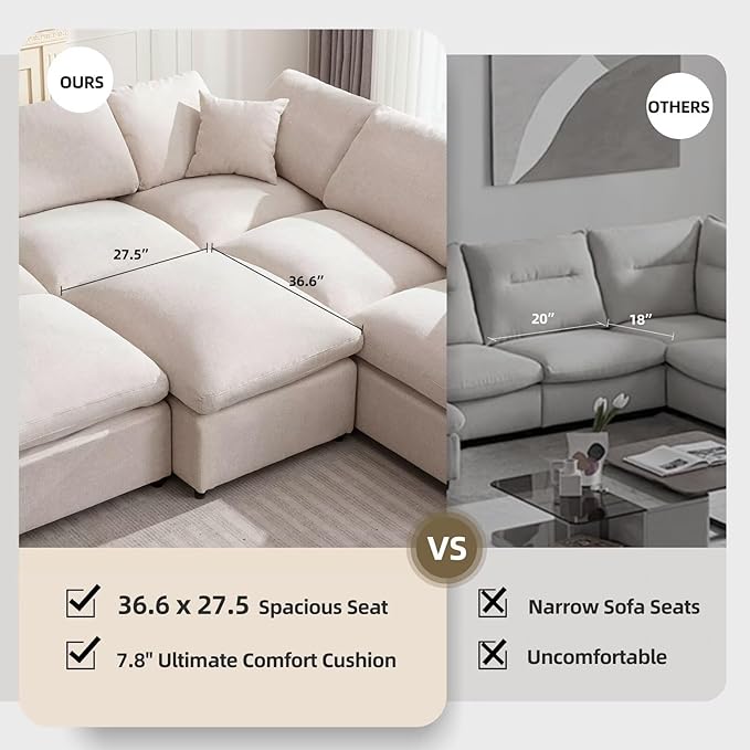 Modular Sectional Sofa Modern Oversized Chenille Cloud Couch with Movable Ottoman 7 Seater L-Shaped Sofas Comfy Couches for Living Room Spacious Space Office Lounge, Beige