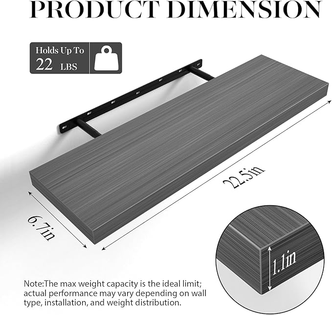 BAYKA Grey Floating Shelves for Wall, 22.5 inches Wall Mounted Rustic Wood Shelves for Bathroom, Bedroom, Living Room, Floating Shelves for Books/Storage/Decor (Set of 3)