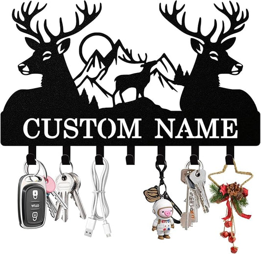 Personalized Deer Key Holder Wall Mount, Custom Metal Keys Hanger for Wall with Name, Custom Key Rack Holder with Hooks for Entryway, Front Door, Hallway, Living Room, Kitchen