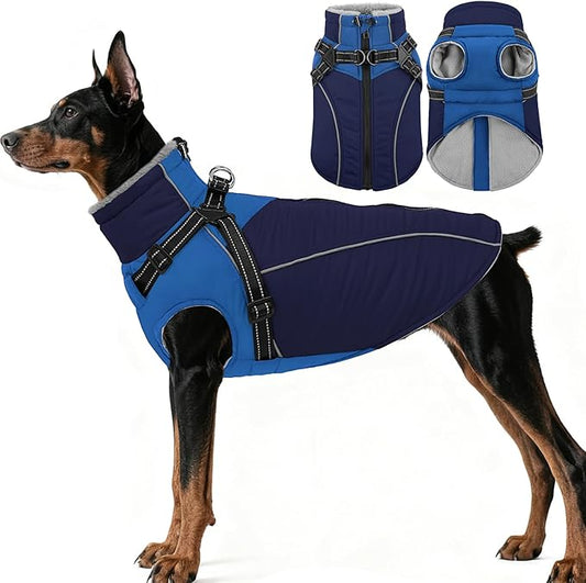ASENKU Reflective Dog Coat with Built-in Harness, Windproof Fleece-Lined Dog Jacket for Small, Medium, Large Dogs, Warm Winter Vest with Turtleneck & Zipper (Navyblue L)