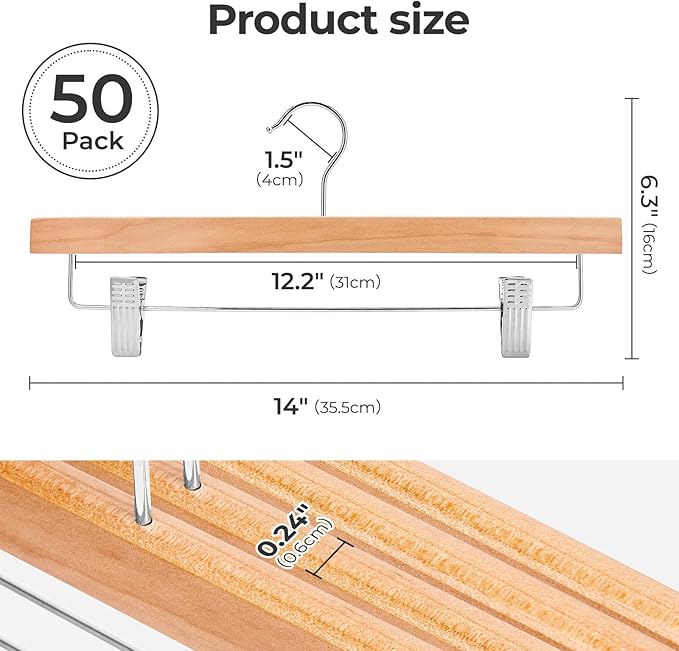 HOUSE DAY Premium Wooden Pants Hangers 50 Pack, Solid Lotus Wood Skirt Hangers with 2-Adjustable Clips, Heavy Duty & Anti Slip Wood Bottom Hanger for Slacks, Jeans, Trousers, Shorts (Natural)