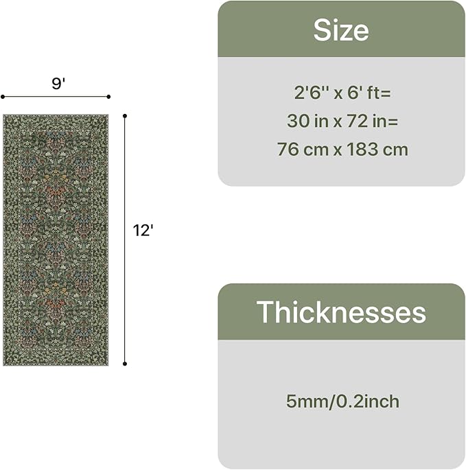 GENIMO 9x12 Washable Area Rug, Non-Slip Vintage Boho Floral Carpet, Soft Low-Pile Thin Large Living Room Rug for Bedroom, Dining Room, Nursery, Emerald Green