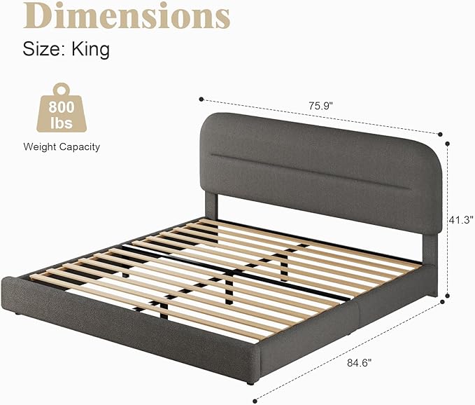 HOMBCK King Size Bed Frame, Boucle Upholstered Bed Frames and Headboard, Soft Bed Frame King with Thickened Footboard, Rounded Corners, No Box Spring Needed, Easy Assembly, Grey