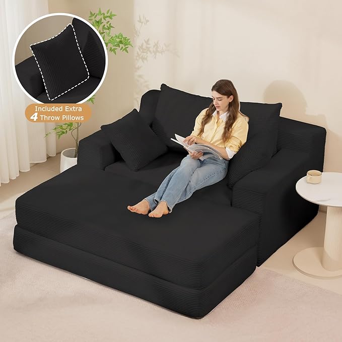 Convertible Futon Sofa Bed with Ottoman, 5 in 1 Folding Couch Bed Loveseat Sleeper, Corduroy Boneless Couch with Deep Seat for Living Room Chaise Lounge Chair Indoor, No Assembly Required, Black