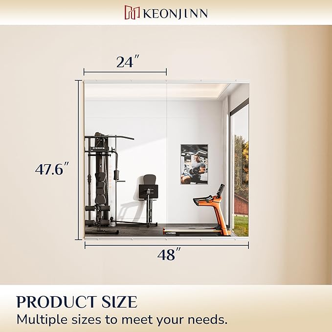 Keonjinn Home Gym Mirror, 48" x 24" - 2PCS Workout Mirrors for Home Gym, Frameless Tempered Glass, Full Body Wall Mirrors for Fitness Exercise, Yoga Room, Dance Studio, Bedroom, Garage