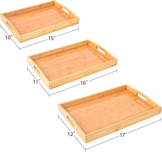 3 Pack Bamboo Serving Trays with Handles, Rectangular Kitchen Food Tray for Eating, Dinner Trays for Eating on Couch, Wood Serving Platter for Breakfast, Tea, Bar, Restaurant, Party or Bed (Beige)