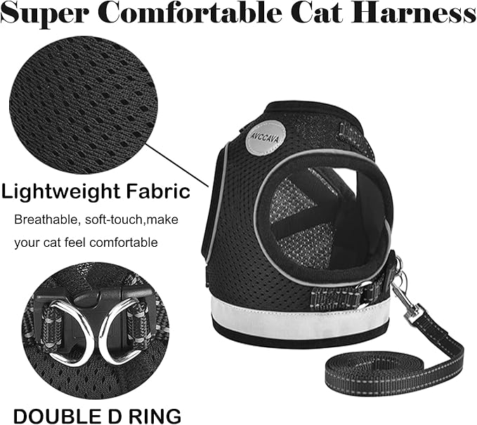 Cat Harness and Leash for Walking, Kitten Escape Proof Harnesses, Adjustable Reflective Puppy Harness with Leashes Set, Easy Adjustable Soft net Breathable Pet Safety Vest M (Chest: 12" - 14") Black