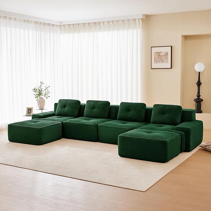 150" Modern Compressed Boneless Couch with Ottoman, 4 Seater Large U Shaped Sectional Couches for Living Room, Green Corduroy Cloud Modular Sectional Sofa, Memory Foam, Extra Deep, No Assembly