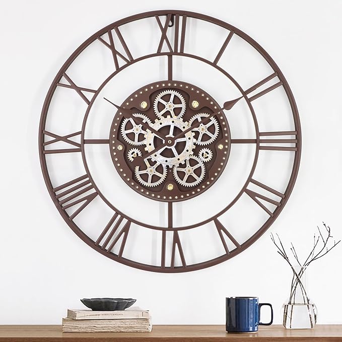 24 Inch Large Wall Clocks for Living Room Decor with Moving Gears,Large Wall Clock Industrial Steampunk,Oversized Metal Analog Wall Clocks for Farmhouse Home Battery Operated