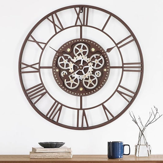 24 Inch Large Wall Clocks for Living Room Decor with Moving Gears,Large Wall Clock Industrial Steampunk,Oversized Metal Analog Wall Clocks for Farmhouse Home Battery Operated