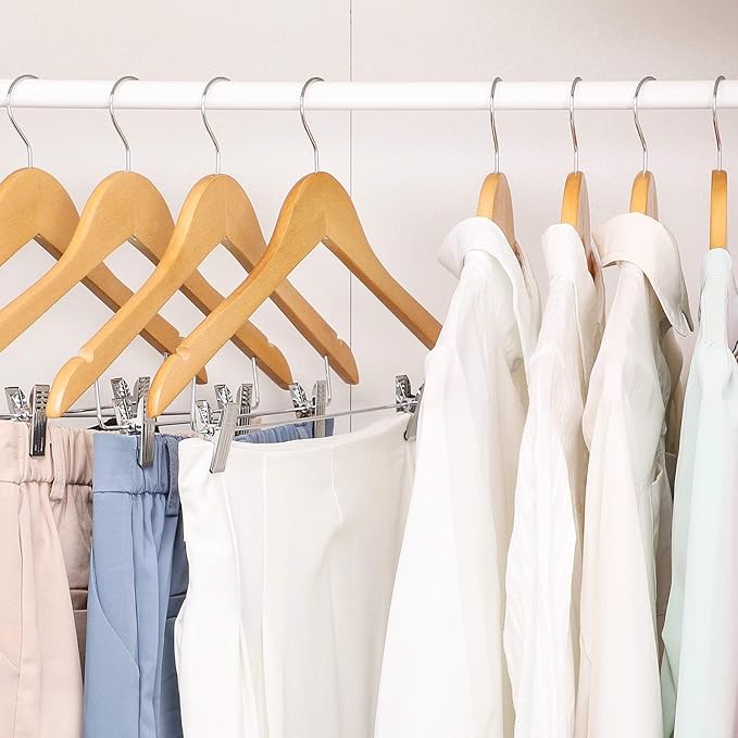 HOUSE DAY Wooden Hangers with Clips 48 Pack,Wooden Suit Hangers Skirt Hangers Solid Wood Pants Hangers Natural Smooth Finish Wood Hangers with Durable Metal Clips for Blouse, Dress, Coat, Jacket
