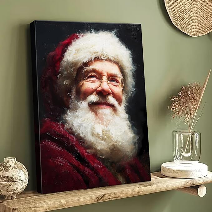 Vintage Santa Claus Portrait Christmas Canvas Wall Art - Victorian Style Framed Canvas Prints for Living Room & Bedroom, Classic Christmas Wall Decor, Christmas Gifts & Winter Decor