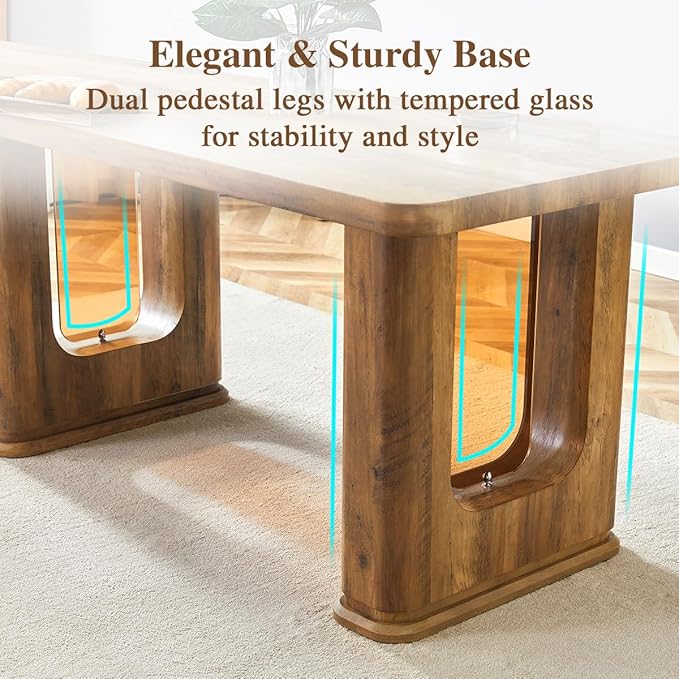 Dining Room Table for 6 - Wooden Dining Table with 1.7-Inch Thick Seamless Tabletop and Dual Pedestal Base,64.5'' Farmhouse Dining Table Ideal for Kitchen,Home Office(Easy to Assemble)