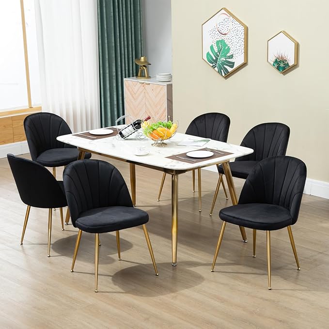Velvet Dining Chairs Set of 6, Upholstered Mid Century Modern Dining Room Chairs, Armless Accent Chair with Metal Gold Legs for Living Room, Kitchen, Dining, Black