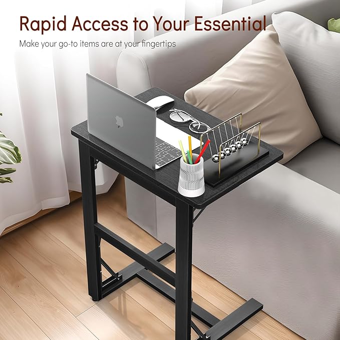 Tatub 24'' Folding TV Tray Table, Bamboo C Shaped End Table Slide Under Couch, Small Sofa Side Laptop Desk for Living Room, Bedroom, Black