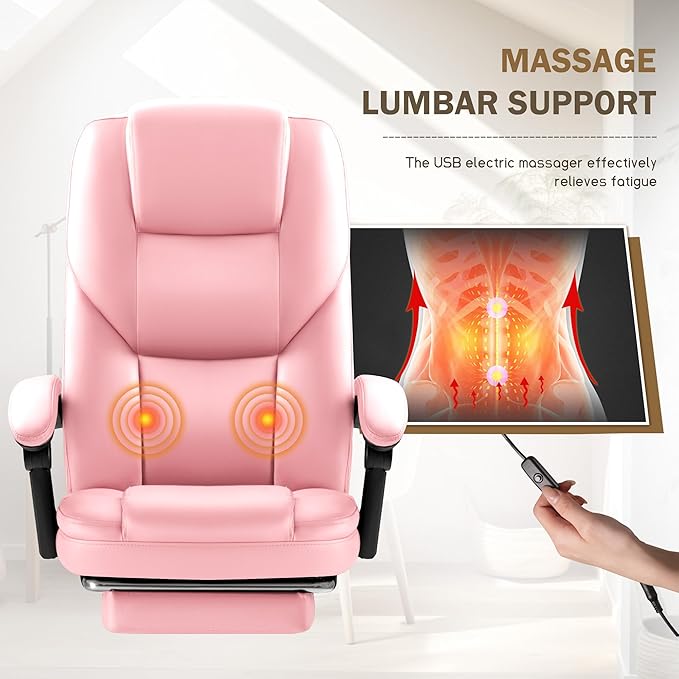 Furmax Executive Office Chair with Foot Rest Big and Tall Office Chair Ergonomic Home Office Desk Chairs Reclining High Back Leather Chair with Lumbar Support, 400LBS (Pink)