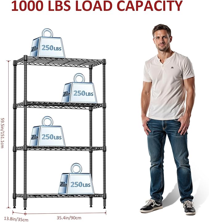 IZEUK 4 Tier Black Metal Storage Shelves, Heavy Duty Wire Shelving Rack for Garage, Kitchen, Bathroom, or Laundry Organization, 1000 lbs Capacity, 13.8" D x 35.4" W x 59.5" H