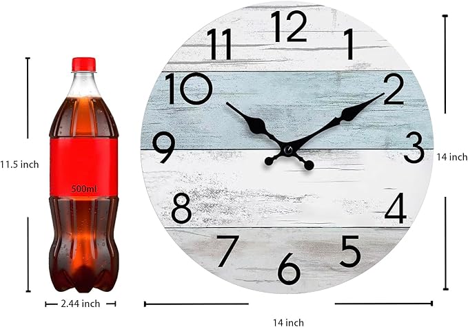 Wall Clock Silent Non-Ticking 14 Inch Battery Operated Country Large Retro Rustic and Beach Style Decorative for Living Room, Kitchen, Home,Bathroom, Office (Blue)