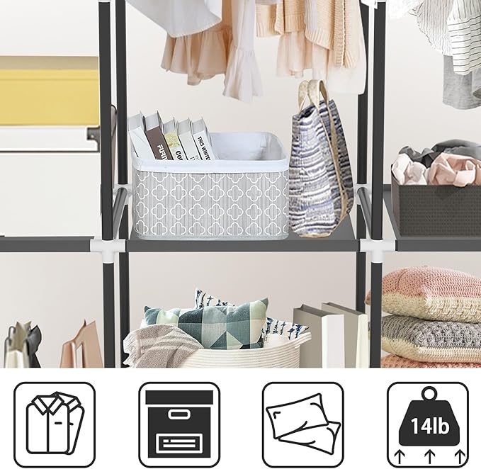 LOKEME Portable Closet, Wardrobe Closet with 3 Hanging Rods and 6 Storage Shelves and 4 Side Pockets, Gray Portable Closets for Hanging Clothes Easy to Assemble and Strong and Stable