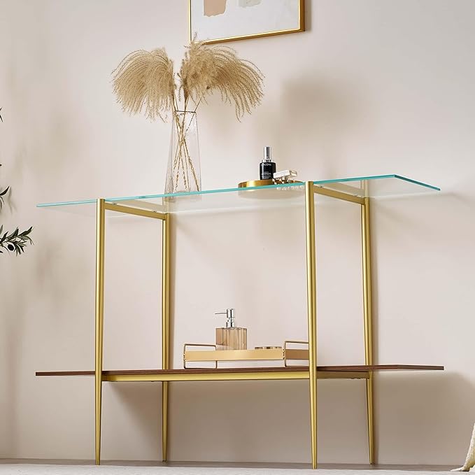 Extra Large Glass Console Table for Living Room, Foyer & Entrance, L47 x W16 x H31, Mid-Century Modern Sofa Table with Clear Glass Top, Walnut Finish Wood Top and Gold Finish Metal Frame