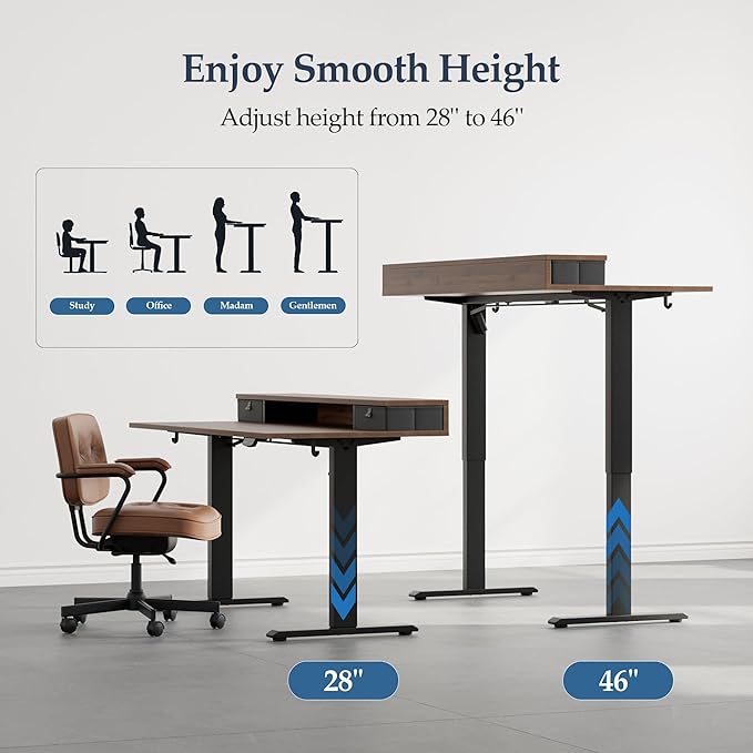 Klicelor 48 Inch Electric Standing Desk with Drawers, Adjustable Height Small Sit Stand Desk for Home Office, Compact Computer Workstation with Storage– Dark Walnut