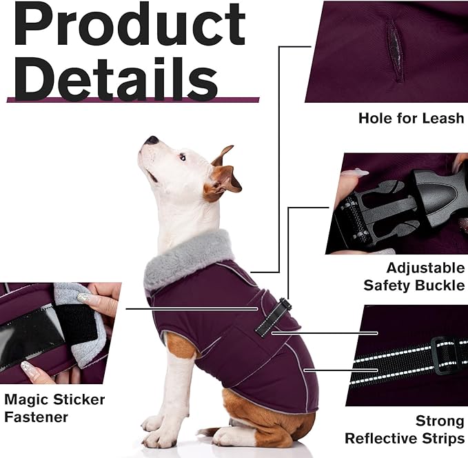 Lelepet Warm Dog Coat Reflective Fleece Vest Waterproof Dog Jacket with Adjustable Buckle Hook & Loop Windproof Cold Weather Coats for Small Medium Large Dogs, Dark Purple, S